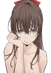  1girl absurdres bare_shoulders bow breasts brown_hair cleavage closed_mouth collarbone commentary_request hair_between_eyes hair_bow hair_over_eyes head_rest highres long_hair looking_at_viewer love_live! love_live!_nijigasaki_high_school_idol_club medium_breasts nude osaka_shizuku red_bow sidelocks solo tommer upper_body white_background 