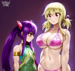  2girls armband bikini blonde_hair breast_envy breasts cleavage curvy fairy_tail frown gradient_background halterneck heart heart_print highres huge_breasts looking_at_breasts low_twintails lucy_heartfilia multiple_girls muscular muscular_female navel pink_bikini purple_background purple_eyes purple_hair red_eyes serious signature small_breasts sweat sweatdrop swimsuit the_golden_smurf thong thong_bikini twintails underboob v-shaped_eyebrows wendy_marvell  rating:Sensitive score:239 user:danbooru