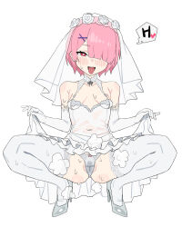  1girl absurdres bare_shoulders blush bow bow_panties breasts bridal_veil bride cleft_of_venus clothes_lift covered_navel crotch_seam dress dress_lift elbow_gloves full_body gloves hair_ornament heart heart-shaped_pupils high_heels highres lifted_by_self looking_at_viewer open_mouth panties partially_visible_vulva pink_hair q_haoyu ram_(re:zero) re:zero_kara_hajimeru_isekai_seikatsu red_eyes shoes short_hair small_breasts solo spread_legs squatting symbol-shaped_pupils thighhighs tongue tongue_out underwear veil wet wet_clothes wet_panties white_dress white_gloves white_panties white_thighhighs x_hair_ornament 