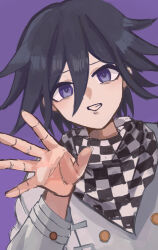  1boy absurdres black_hair buttons checkered_clothes checkered_scarf danganronpa_(series) danganronpa_v3:_killing_harmony double-breasted grey_jacket grin hand_up highres jacket long_sleeves male_focus oma_kokichi purple_background purple_eyes scarf simple_background smile solo teeth toga_no 