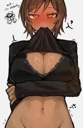  ? arm_under_breasts black_bra black_sweater blush bra breasts brown_hair cleavage clock clothes_in_mouth coat dante_(limbus_company) dark-skinned_female dark_skin embarrassed english_text highres large_breasts limbus_company necktie no_panties orange_eyes out-of-frame_censoring outis_(project_moon) project_moon shigezie short_hair spoken_question_mark sweater underwear  rating:Sensitive score:25 user:danbooru