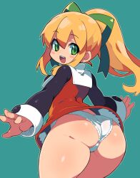  1girl :d absurdres black_sleeves blonde_hair blush_stickers commentary_request dress female_focus from_behind green_background green_eyes green_ribbon hair_ribbon highres loli long_sleeves looking_at_viewer looking_back mega_man_(classic) mega_man_(series) open_mouth panties red_dress ribbon roll_(mega_man) sidelocks simple_background smile solo teeth thick_thighs thighs underwear upper_teeth_only white_panties zankuro  rating:Questionable score:136 user:danbooru