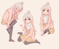  1girl adjusting_clothes adjusting_legwear ahoge black_pantyhose braid chinese_commentary closed_eyes colored_inner_hair commentary_request finger_heart full_body grey_hair hair_between_eyes hair_ornament hairclip hand_in_own_hair heart highres jacket long_hair long_sleeves looking_at_viewer multicolored_hair multiple_views no_shoes onii-chan_wa_oshimai! open_clothes open_jacket open_mouth oyama_mahiro pantyhose pink_hair pink_jacket pleated_skirt shirt simple_background sitting skirt smile squatting standing standing_on_one_leg twin_braids two-tone_hair wariza white_shirt wing_collar yellow_eyes yellow_skirt ziyan_yi 