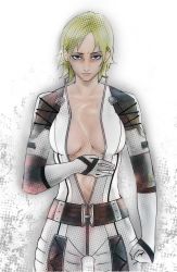  1girl akikan_tarou bad_id bad_pixiv_id blonde_hair bodysuit breasts catsuit clenched_hand highres looking_at_viewer metal_gear_(series) metal_gear_solid metal_gear_solid_3:_snake_eater no_bra scar short_hair solo the_boss unzipped 