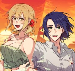 1boy 1girl :d amulet athrun_zala blonde_hair blue_hair breasts cagalli_yula_athha camisole cleavage couple crop_top flower frilled_camisole frills green_eyes gundam gundam_seed gundam_seed_destiny gundam_seed_freedom hair_flower hair_ornament happy hetero jewelry kkomcce looking_at_another low_twintails necklace open_mouth pendant ring ring_necklace shirt short_hair smile split_screen sunset twintails water wet yellow_eyes 