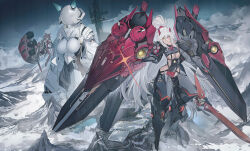  3girls armor bodysuit breasts brown_hair covered_navel echj facial_mark flying giant giantess halo helmet highres holding holding_sword holding_weapon large_breasts long_hair looking_at_viewer mecha_musume mountain multiple_girls original ponytail red_eyes science_fiction sword underboob very_long_hair weapon white_hair yellow_eyes 