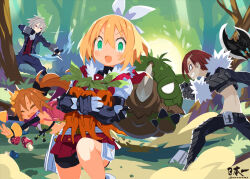  2boys 2girls axe bow_(weapon) closed_eyes forest fur_trim green_eyes grey_hair grin hair_between_eyes harada_takehito holding holding_axe holding_bow_(weapon) holding_weapon leg_armor long_sleeves monster multiple_boys multiple_girls nature official_art red_hair sharp_teeth shikabane-gurai_no_bouken_meshi side_ponytail smile teeth trail weapon 