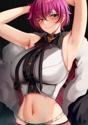  1girl absurdres armpits arms_behind_head black_background black_bow black_bowtie black_choker black_jacket blush bow bowtie breasts choker closed_mouth collared_shirt crop_top fur-trimmed_jacket fur_trim grey_shirt groin highres jacket jkt48 jkt48v large_breasts midriff navel purple_eyes purple_hair raised_eyebrow shirt short_hair sleeveless smile solo steam sweat tana_nona upper_body virtual_youtuber whitewaffle 
