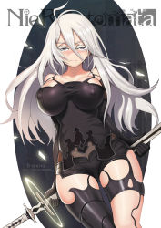 1girl absurdres artist_name b-anma bare_shoulders black_gloves black_shorts black_thighhighs breasts chain-link_fence closed_mouth copyright_name elbow_gloves eyelashes fence gloves glowing grey_eyes hair_between_eyes highres holding holding_sword holding_weapon large_breasts looking_at_viewer mole mole_under_mouth nier_(series) nier:automata pink_lips shorts single_thighhigh skindentation sleeveless solo sword thighhighs watermark weapon web_address white_hair a2_(nier:automata) rating:Questionable score:28 user:danbooru
