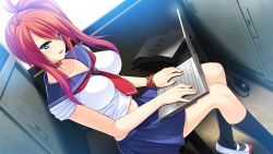  1girl amagai_yukino between_breasts blue_collar blue_skirt breasts collar computer game_cg inase_kowane laptop large_breasts looking_at_viewer morning necktie necktie_between_breasts open_mouth red_hair school_uniform shoes side_ponytail sitting skirt smile solo thighs tsuyokiss tsuyokiss_festival uwabaki white_uniform 