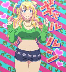  1girl bare_shoulders blonde_hair blue_eyes blush breasts cleavage curvy galko hair_ornament highres huge_breasts long_hair nail_polish navel oshiete!_galko-chan screencap smile solo standing stitched third-party_edit wide_hips  rating:Sensitive score:97 user:arutos