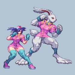  1girl animal_ears artist_request bloody_roar breasts fighting_stance fighting_vipers fighting_vipers_2 full_body furry gloves grey_background hat medium_breasts nurse_cap panties pink_shirt pixel_art purple_hair rabbit red_eyes sharp_toenails shirt shoes spiked_hair tail toenails transformation tsukagami_alice underwear white_fur 