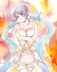  00s 1girl abstract_background alternate_costume bare_shoulders blue_hair boots breasts cleavage cowboy_shot dress garter_straps hair_bun head_tilt judith_(tales) large_breasts light_smile long_hair long_pointy_ears mame3100 pointy_ears purple_hair red_eyes sidelocks single_hair_bun smile solo tales_of_(series) tales_of_vesperia thigh_boots thighhighs very_long_hair zettai_ryouiki 