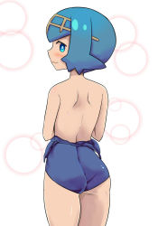 1girl ass blue_eyes blue_hair blush closed_mouth clothes_down cowboy_shot creatures_(company) female_focus from_behind game_freak hairband hideyuki_i lana_(pokemon) looking_at_viewer looking_back nintendo one-piece_swimsuit pokemon pokemon_(anime) pokemon_sm pokemon_sm_(anime) short_hair solo standing sweat swimsuit wavy_mouth white_background 