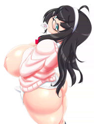 1futa ahoge aqua_eyes ass black_hair breasts condom condom_in_mouth condom_wrapper futanari glasses gloves hairband huge_ass huge_breasts konmori_(kinbou_sokai) looking_at_viewer looking_back mole mole_on_breast mouth_hold nipples original penis plump ribbed_sweater simple_background solo sweater thick_thighs thighs white_gloves wide_hips rating:Explicit score:78 user:danbooru