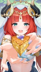  1girl absurdres blue_eyes blunt_bangs circlet commentary crop_top detached_sleeves fake_horns food foreshortening genshin_impact harem_outfit highres holding holding_food horns jewelry light_blush looking_at_viewer midriff nail_polish neck_ring nilou_(genshin_impact) open_mouth puffy_sleeves red_hair shironashiro_p skirt smile solo stomach twintails upper_body veil 