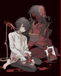  1boy 1girl bad_id bad_pixiv_id barefoot black_background black_hair black_pants bleeding blood blood_on_clothes bloodshot_eyes boxcutter censored collared_shirt crying crying_with_eyes_open cuts faceless faceless_female full_body hair_over_one_eye highres holding holding_boxcutter holding_rope iei injury japanese_clothes kimono long_hair long_sleeves maya_(slow_damage) meremero mosaic_censoring mother_and_son noose pants parted_lips red_kimono rope rope_around_neck rope_marks self-harm self-harm_scar shirt short_hair sitting slow_damage stained_clothes tears towa_(slow_damage) vomit white_shirt wrist_cutting yellow_eyes 