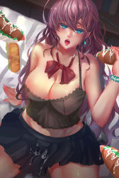  10s 1girl absurdres bare_shoulders blue_eyes bow bowtie breasts brown_hair cleavage ctrlz77 food highres huge_breasts ichinose_shiki idolmaster idolmaster_cinderella_girls long_hair looking_at_viewer open_mouth purple_hair revealing_clothes sandwich sexually_suggestive sitting skirt solo subway_(company) suggestive_fluid tongue tongue_out wavy_hair  rating:Questionable score:47 user:danbooru