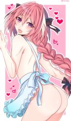 1boy apron arched_back artist_name ass astolfo_(fate) bad_id bad_pixiv_id bare_shoulders blush bow braid braided_ponytail cowboy_shot fang fate/apocrypha fate/grand_order fate_(series) from_behind hair_intakes hair_ribbon heart highres long_hair looking_at_viewer looking_back male_focus naked_apron no_panties open_mouth pink_hair purple_eyes ribbon shiny_skin shisei_(kyuushoku_banchou) single_braid smile solo standing trap twitter_username rating:Sensitive score:57 user:danbooru