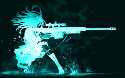  1girl black_background facing_to_the_side female_focus from_side full_body gloves glowing gun highres holding holding_weapon medium_hair rifle simple_background sniper_rifle solo water weapon  rating:General score:4 user:yeoc2