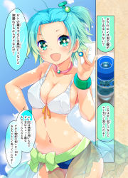 1girl :d ahoge aqua_eyes aqua_hair bangle bikini bikini_skirt bow bracelet breasts cafe-chan_to_break_time choker cleavage comic commentary_request day front-tie_bikini_top front-tie_top hair_ornament hand_on_own_hip jewelry looking_at_viewer marble_(toy) medium_breasts midriff navel one_side_up open_mouth personification porurin_(do-desho) ramune ramune_(cafe-chan_to_break_time) see-through short_hair smile solo swimsuit translation_request