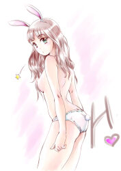 1girl :o animal_ears ass back blue_eyes breasts brown_hair commentary cowboy_shot from_side heart highres long_hair looking_at_viewer looking_back neko_mari original panties parted_lips rabbit_ears rabbit_girl rabbit_tail small_breasts solo standing star_(symbol) tail topless underwear underwear_only white_panties rating:Questionable score:2 user:danbooru