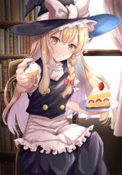  1girl :d black_hat black_skirt black_vest blonde_hair bookshelf bow braid buttons cake cake_slice commentary erisauria eyelashes feet_out_of_frame food grin hair_between_eyes hair_bow hands_up hat hat_bow highres holding holding_plate holding_spoon incoming_food indoors kirisame_marisa long_hair looking_at_viewer on_chair open_mouth plate puffy_short_sleeves puffy_sleeves red_bow shirt short_sleeves sidelighting sidelocks single_braid sitting skirt smile solo spoon touhou tsurime very_long_hair vest white_bow white_shirt window witch_hat yellow_eyes 