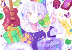  1girl bang_dream! bang_dream!_it&#039;s_mygo!!!!! beamed_eighth_notes bird black_shirt blue_eyes blush box cat chap55al commentary_request dated electric_guitar english_text food gift gift_box guitar happy_birthday hat heart-shaped_food heterochromia highres holding holding_spoon ice_cream instrument kaname_raana layered_sleeves long_sleeves looking_at_viewer medium_hair musical_note panda parted_lips party_hat penguin rainbow_print shirt short_over_long_sleeves short_sleeves sleeves_past_wrists solo sparkle spoon sundae upper_body white_hair yellow_cat yellow_eyes 