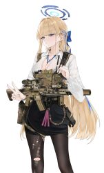  absurdres assault_rifle blonde_hair blue_archive blue_eyes breasts chest_rig cleavage cowboy_shot eotech expressionless fte_(fifteen_199) gun h&amp;k_hk416 halo handgun highres holster holstered load_bearing_vest long_hair looking_at_viewer magazine_(weapon) medium_breasts multicolored_hair office_lady open_clothes open_shirt pantyhose pencil_skirt rifle skirt streaked_hair suppressor toki_(blue_archive) torn_clothes torn_pantyhose v very_long_hair weapon weapon_request 