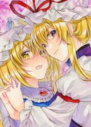  2girls alto2019 blonde_hair closed_mouth commentary hat juliet_sleeves long_sleeves looking_at_viewer mob_cap multiple_girls open_mouth own_hands_together puffy_sleeves sample_watermark short_hair touhou traditional_media upper_body watermark white_hat yakumo_ran yakumo_yukari 