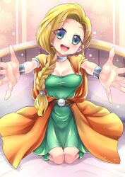  1girl belt bianca_(dq5) blonde_hair blue_eyes blush bracelet braid breasts cape cleavage collarbone commentary_request dragon_quest dragon_quest_v dress earrings eyes_visible_through_hair green_dress hair_over_shoulder highres imminent_hug jewelry kiritaki large_breasts light_particles long_hair looking_at_viewer neck_ring open_hands open_mouth orange_cape outstretched_arms outstretched_hand pov seiza single_braid sitting smile solo sparkle 