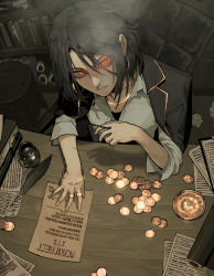  1girl black_hair black_jacket book bookshelf bracelet coin from_above gogalking gregory_(gogalking) grey_shirt highres inkwell jacket jewelry looking_at_viewer medium_hair money necklace original paper parted_lips quill red_eyes ring shadow shirt smoke solo table  rating:Sensitive score:10 user:danbooru