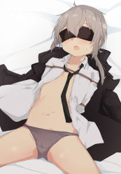  1girl arms_behind_back bed_sheet black_blindfold black_jacket black_necktie blindfold bound bound_arms collared_shirt girls&#039;_frontline grey_hair highres jacket long_hair lying m200_(girls&#039;_frontline) navel necktie on_back open_clothes open_mouth open_shirt panties rope shirt solo spread_legs spring_oct underwear white_shirt  rating:Questionable score:62 user:danbooru