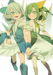  2girls absurdres adapted_costume blue_bow blue_eyes blue_footwear blue_hair blush boots bow cirno closed_mouth daiyousei dress fairy fairy_wings green_eyes green_hair hair_bow highres ice ice_wings long_hair multiple_girls one_side_up open_mouth puffy_short_sleeves puffy_sleeves shi_chimi short_hair short_sleeves simple_background smile touhou white_background white_dress wings 