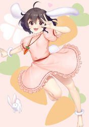  1girl :3 ahoge animal_ears anklet barefoot black_hair blush bracelet breasts carrot_necklace commentary_request dress floppy_ears frilled_dress frilled_sleeves frills full_body hair_between_eyes hataraki_kuma heart inaba_tewi jewelry looking_at_viewer medium_bangs necklace open_mouth pink_background pink_dress puffy_short_sleeves puffy_sleeves rabbit rabbit_ears rabbit_girl rabbit_tail red_eyes ribbon-trimmed_dress short_hair short_sleeves small_breasts smile solo tail touhou w w_over_eye 