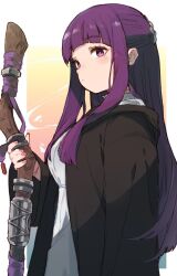  1girl black_coat blunt_bangs blush breasts closed_mouth coat dress fern_(sousou_no_frieren) from_side holding holding_staff jamir large_breasts long_hair long_sleeves purple_eyes purple_hair solo sousou_no_frieren staff white_dress 