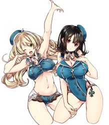 10s 218 2girls ;d adapted_costume arm_up armpits ascot atago_(kancolle) bare_arms beret bikini black_eyes blonde_hair blush breasts brown_hair choker cleavage covered_erect_nipples cowboy_shot cropped_legs gluteal_fold green_eyes hair_between_eyes hand_on_own_chest hand_up hat kantai_collection large_breasts long_hair looking_at_viewer multiple_girls navel one-piece_swimsuit one_eye_closed open_mouth outstretched_hand parted_lips sidelocks simple_background sleeveless smile stomach swimsuit takao_(kancolle) underboob white_background rating:Questionable score:6 user:danbooru
