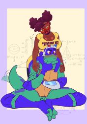  1boy 1girl absurdres afro alternate_breast_size alternate_skin_color april_o&#039;neil blue_eyes blush breast_rest breasts breasts_on_head brown_hair butterfly_sitting cleavage clothes_writing colored_skin commentary curvy dark-skinned_female dark_skin detached_sleeves donatello_(tmnt) double_bun dress english_commentary fang fewer_digits fingerless_gloves full_body furry furry_male furry_with_non-furry glasses gloves goggles goggles_on_head green_skin hair_bun hand_on_own_chin head_tilt highres indian_style interspecies knee_pads large_breasts lipstick looking_at_another makeup math no_penis overexciteddragon purple_bandana purple_gloves purple_socks red-framed_eyewear red_eyes red_lips rise_of_the_teenage_mutant_ninja_turtles sitting skin_fang socks stroking_own_chin tail tail_wagging teenage_mutant_ninja_turtles thick_eyebrows thinking toeless_legwear turtle_shell very_dark_skin watermark yellow_dress 