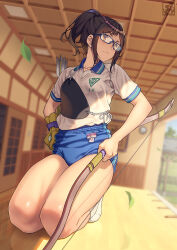 1girl archery arrow_(projectile) artist_logo black_hair bow_(weapon) bra buruma commentary_request falling_leaves full_body glasses gloves gym_uniform hair_tie highres holding holding_bow_(weapon) holding_weapon kneeling kyuudou leaf long_hair muneate original pairan see-through see-through_shirt shirt short_ponytail socks solo t-shirt underwear weapon yellow_eyes yumi_(bow) rating:General score:13 user:danbooru