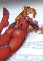 1girl :o ass blue_eyes bodysuit bracer brown_hair character_name curvy dutch_angle from_behind gloves gradient_background hair_between_eyes hair_ornament hair_spread_out highres huge_ass leg_up long_hair looking_at_viewer looking_back lying neon_genesis_evangelion on_stomach open_mouth orange_hair pale_skin pilot_suit plugsuit ponytail skin_tight solo souryuu_asuka_langley streamingsun thick_thighs thighs two_side_up very_long_hair rating:Sensitive score:259 user:danbooru