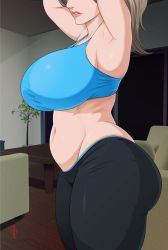 1girl armpits arms_up ass belly breasts brown_hair curvy highres large_breasts light_smile lips living_room long_hair lunasanguinis mature_female midriff navel nintendo parted_lips plump ponytail signature solo thick_thighs thighs wii_fit wii_fit_trainer wii_fit_trainer_(female) rating:Sensitive score:218 user:danbooru