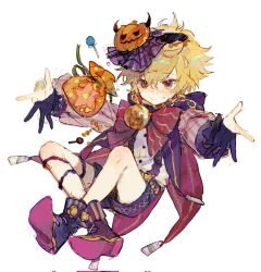  1boy bacheally bell black_gloves blonde_hair blush boots bow bowtie candy child closed_mouth crossed_legs food full_body gloves half_gloves halloween hat highres jack-o&#039;-lantern leaning_back lollipop long_sleeves looking_at_viewer male_focus original outstretched_arms puffy_sleeves pumpkin purple_footwear purple_hat shirt short_hair shorts simple_background sitting sketch solo spread_arms thigh_strap white_background white_shirt 