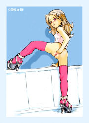 1girl anus ass blonde_hair blush bottomless collar fisting high_heels jsp legs loli looking_at_viewer looking_back pink_eyes pussy self_fisting solo thighhighs uncensored rating:Explicit score:87 user:danbooru
