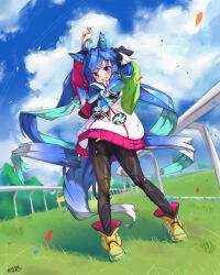  1girl absurdres ahoge animal_ears aqua_hair arms_up black_bodysuit black_nails blue_eyes blue_hair blue_sky bodysuit bodysuit_under_clothes boots bow cloud cloudy_sky commentary_request confetti contrail crossed_bangs full_body grass hair_bow heterochromia highres hood hoodie horse_ears horse_girl horse_racing_track horse_tail long_sleeves looking_at_viewer multicolored_clothes multicolored_hair multicolored_hoodie nail_polish open_mouth outdoors paid_reward_available partial_commentary purple_eyes railing sharp_teeth sidelocks signature simple_bird sky solo standing stuffed_animal stuffed_rabbit stuffed_toy tail teeth twin_turbo_(umamusume) twintails two-tone_hair umamusume upper_teeth_only yellow_footwear yu_su_(moziki) 