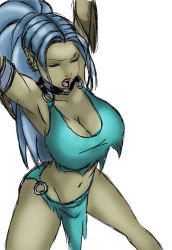  1girl blue_hair breasts cleavage large_breasts long_hair lupa marvel navel piercing ponytail solo white_background wolf_girl  rating:Questionable score:11 user:Dpopper