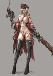  1girl blonde_hair blood bloody_weapon blush boots breasts chain chaos_(warhammer) cleft_of_venus collar down_jacket full_body grey_background gun hair_over_one_eye hat high_heels holding holding_gun holding_sword holding_weapon jacket large_breasts looking_down midriff military_hat navel nipple_piercing nude one_eye_covered open_clothes open_jacket piercing ponytail purity_seal pussy red_eyes scar scar_on_arm scar_on_breasts scar_on_stomach scar_on_thigh sirpetus slaanesh_(symbol) smug solo spiked_collar spiked_hat spiked_nipple_piercing spiked_thighlet spikes standing sword thighhighs torn_clothes torn_thighhighs warhammer_40k weapon 
