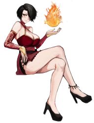  1girl absurdres breasts cinder_fall cleavage commission commissioner_upload crossed_legs fireball high_heels highres large_breasts long_legs looking_at_viewer nero_watch rwby short_hair sleeveless solo stiletto_heels yellow_eyes 