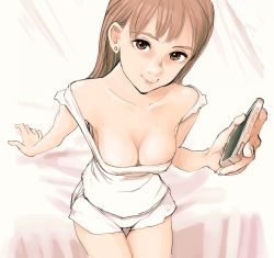 1girl bare_shoulders breasts brown_eyes brown_hair cellphone downblouse dress from_above long_hair looking_at_viewer looking_up matching_hair/eyes medium_breasts mmelica no_bra phone smartphone smile thigh_gap white_dress 