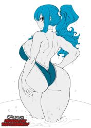  1girl ass back bare_arms bare_back bare_shoulders blue_hair breasts curvy fairy_tail huge_breasts juvia_lockser large_breasts long_hair looking_at_viewer looking_back one-piece_swimsuit sideboob simple_background solo standing swimsuit the_golden_smurf thick_thighs thighs water white_background wide_hips 