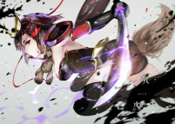 1girl animal_ears black_dress blurry breasts brown_hair character_request chinese_zodiac dog_ears dog_tail dress from_side gauntlets hair_ornament highres holding holding_sword holding_weapon long_hair medium_breasts motion_blur new_year profile red_eyes short_hair sideways_glance solo sword tail tower_of_saviors vardan weapon year_of_the_dog 